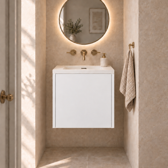 Single Door Vanity in Bianco Kos — illustrative finish rendering