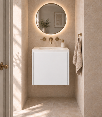 Single Door Vanity in Bianco Kos — illustrative finish rendering