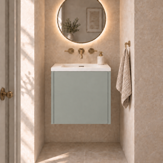 Single Door Vanity in Verde Kitami — illustrative finish rendering
