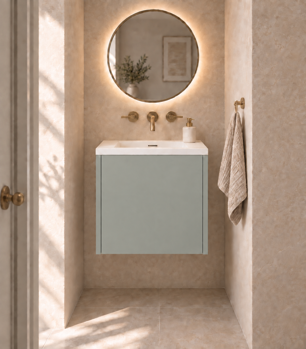 Single Door Vanity in Verde Kitami — illustrative finish rendering