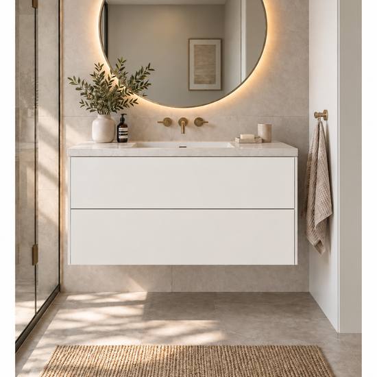 Custom 2 drawer floating Bathroom Vanity — Bianco Kos