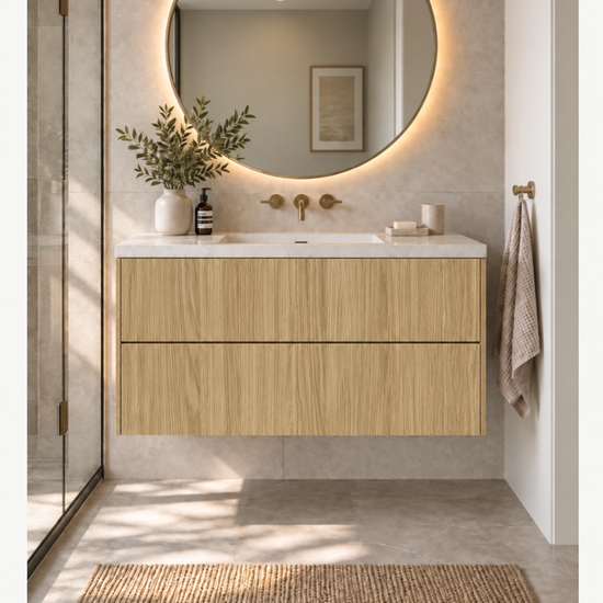 Custom 2 drawer floating Bathroom Vanity — Natural Oak