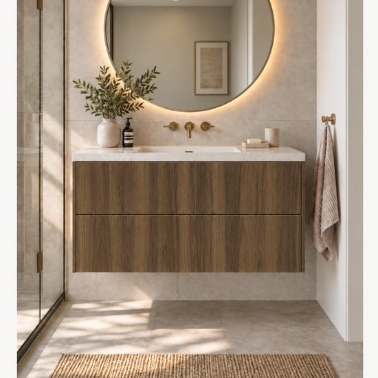 Custom 2 drawer floating Bathroom Vanity — Smoked Walnut