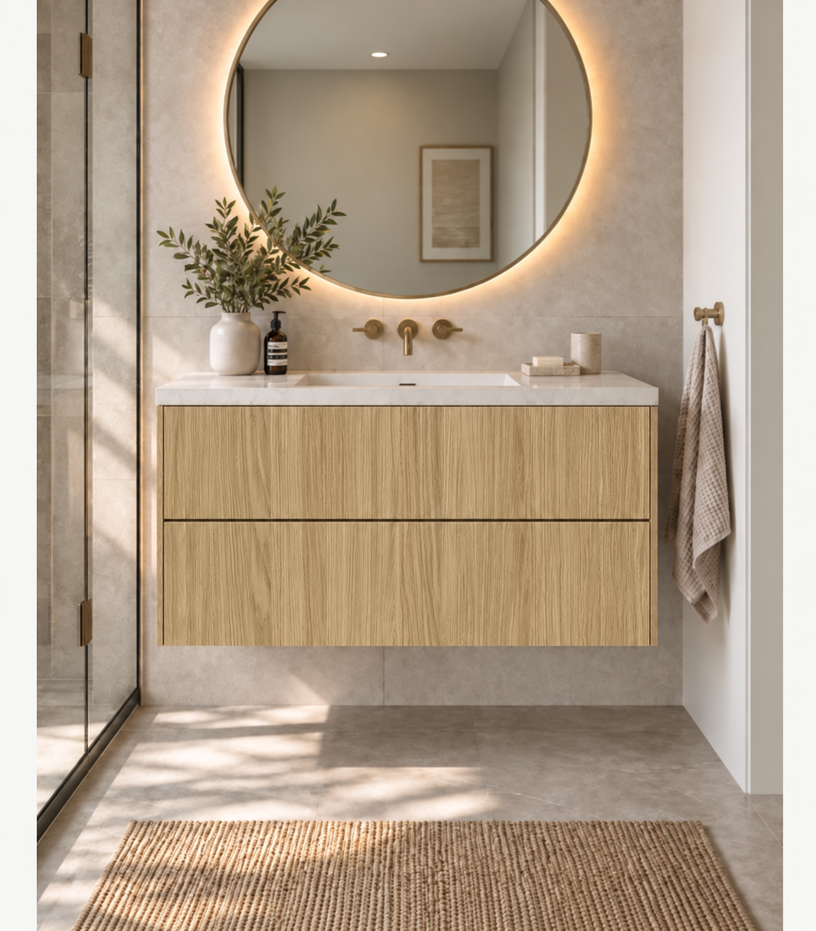 Custom 2 drawer floating Bathroom Vanity — Natural Oak