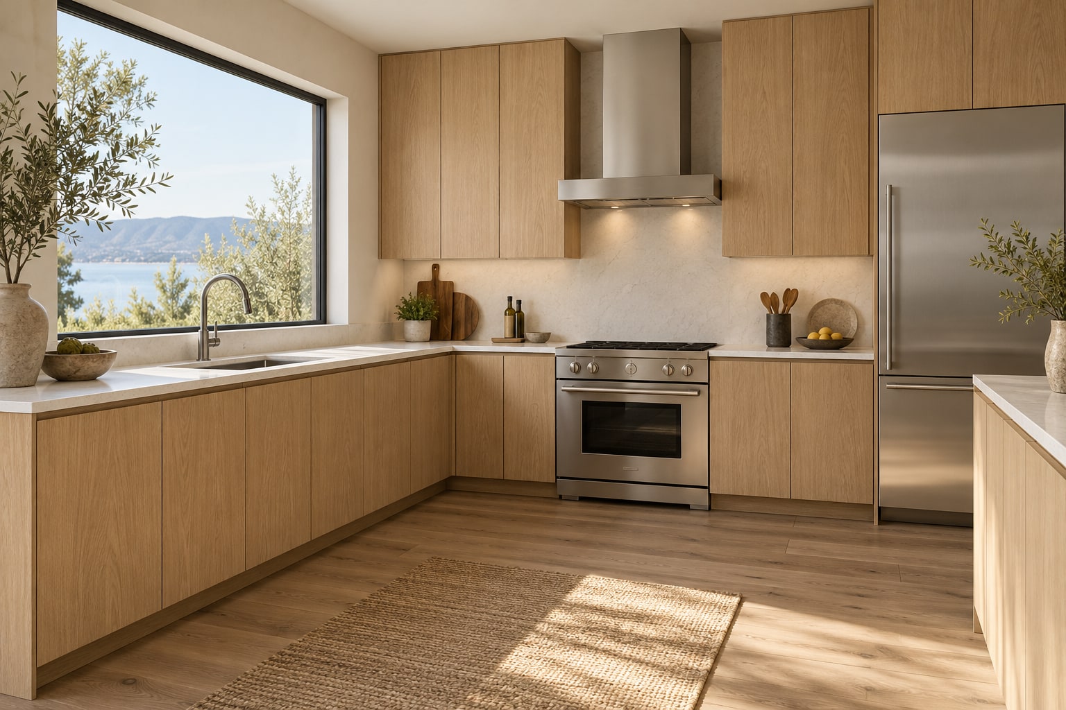Warm white oak kitchen with full-overlay slab fronts and no exposed face frames.