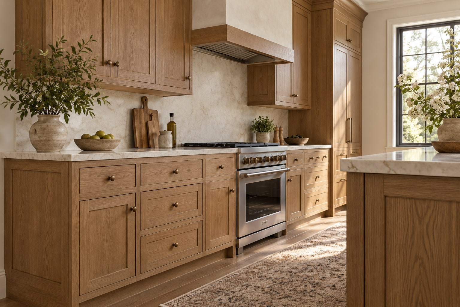 Stained oak kitchen with visible solid-wood face frames and doors and drawers flush within them.