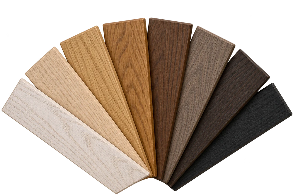 Oak wood stain samples fanned from light to dark