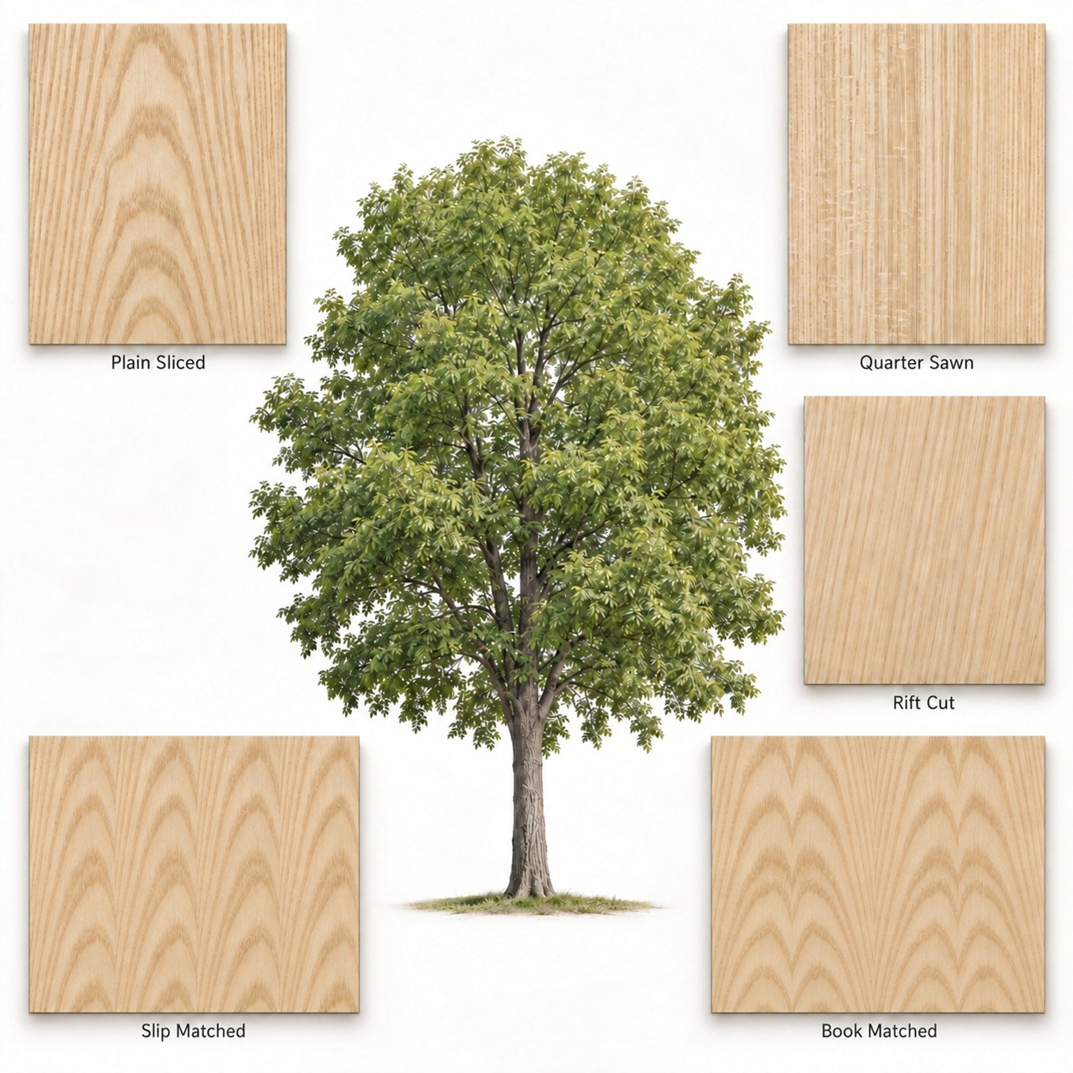 Ash tree surrounded by labeled Plain Sliced, Quarter Sawn, Rift Cut, Book Matched and Slip Matched veneer examples
