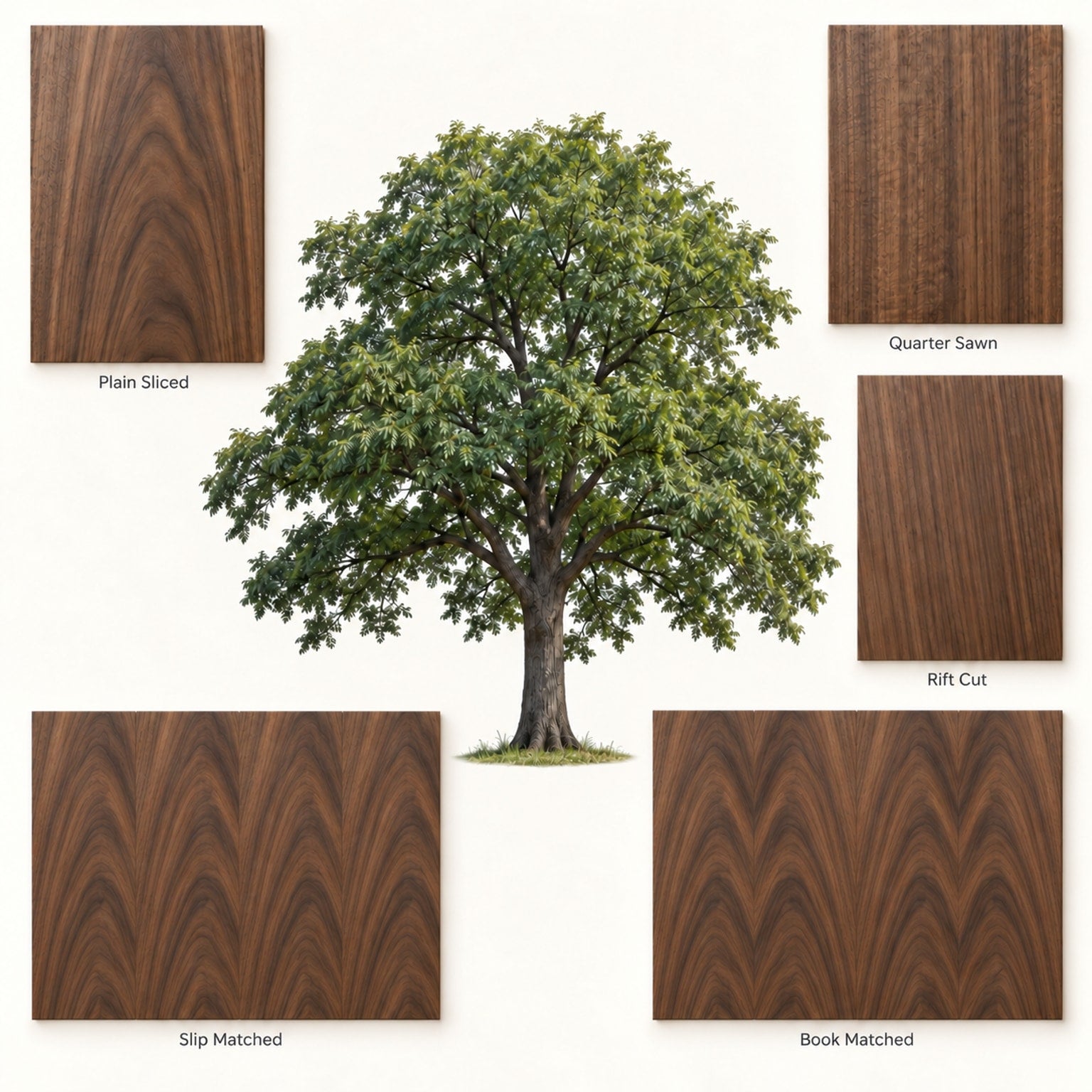Black Walnut tree surrounded by labeled Plain Sliced, Quarter Sawn, Rift Cut, Book Matched and Slip Matched veneer examples