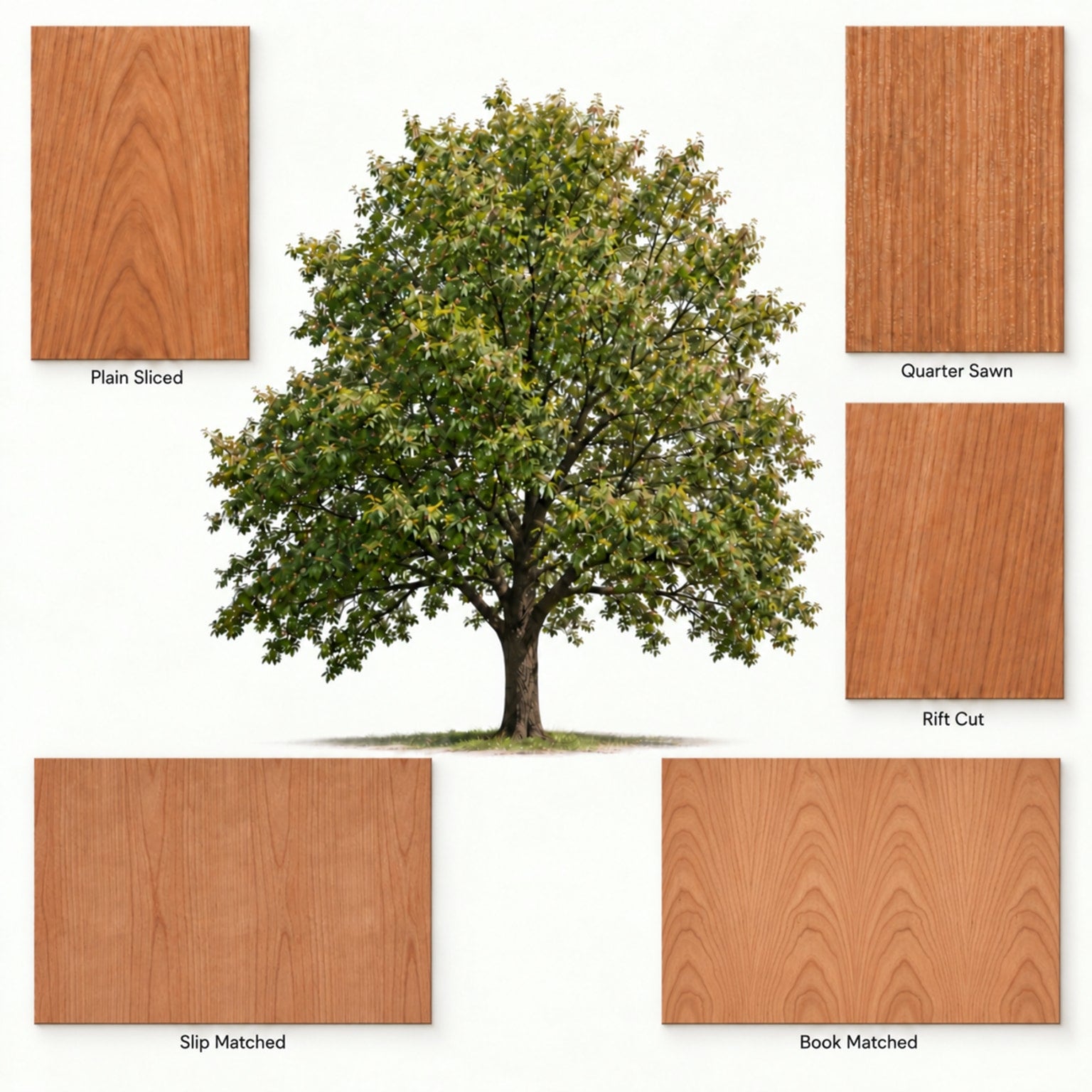 Cherry tree surrounded by labeled Plain Sliced, Quarter Sawn, Rift Cut, Book Matched and Slip Matched veneer examples
