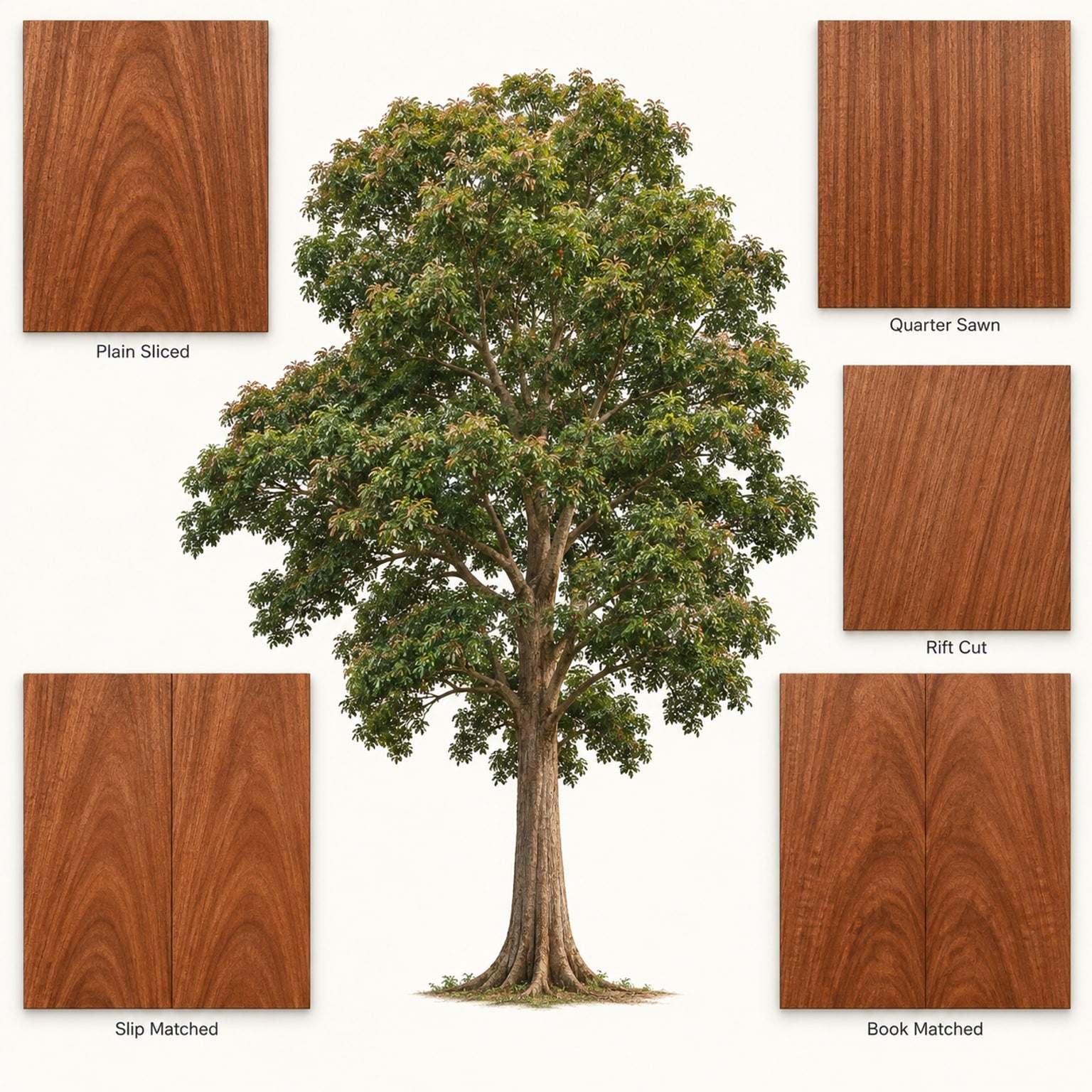 Mahogany tree surrounded by labeled Plain Sliced, Quarter Sawn, Rift Cut, Book Matched and Slip Matched veneer examples
