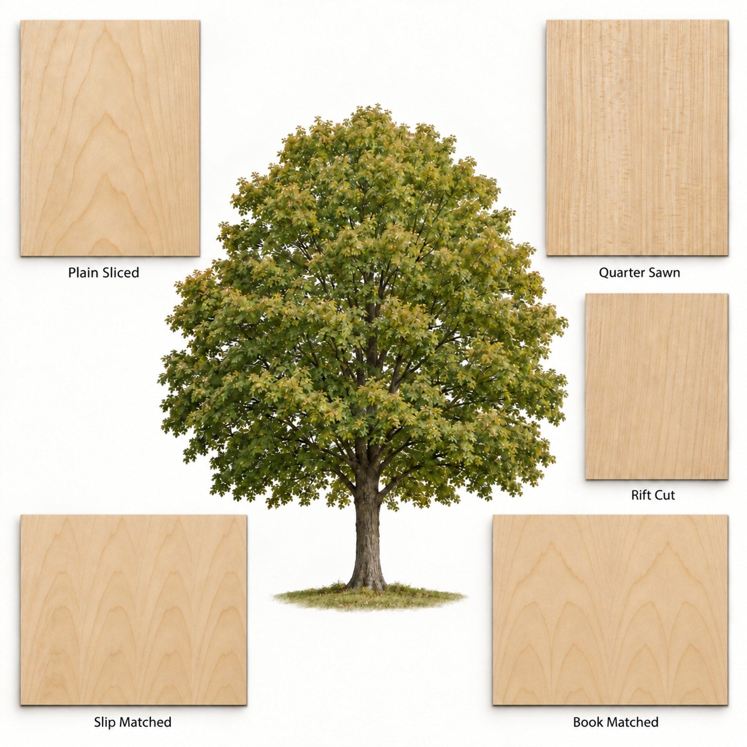 Maple tree surrounded by labeled Plain Sliced, Quarter Sawn, Rift Cut, Book Matched and Slip Matched veneer examples