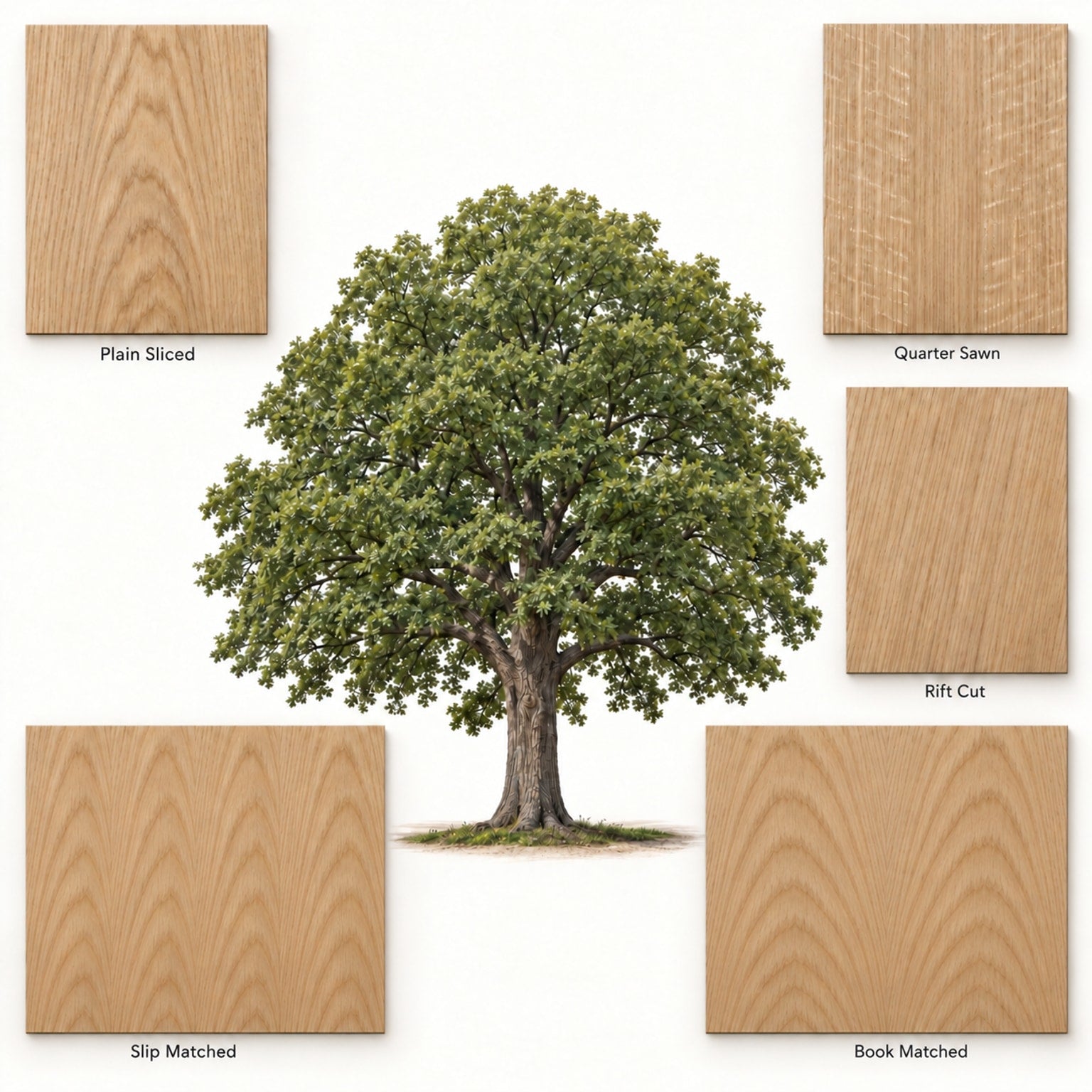 White Oak tree surrounded by labeled Plain Sliced, Quarter Sawn, Rift Cut, Book Matched and Slip Matched veneer examples
